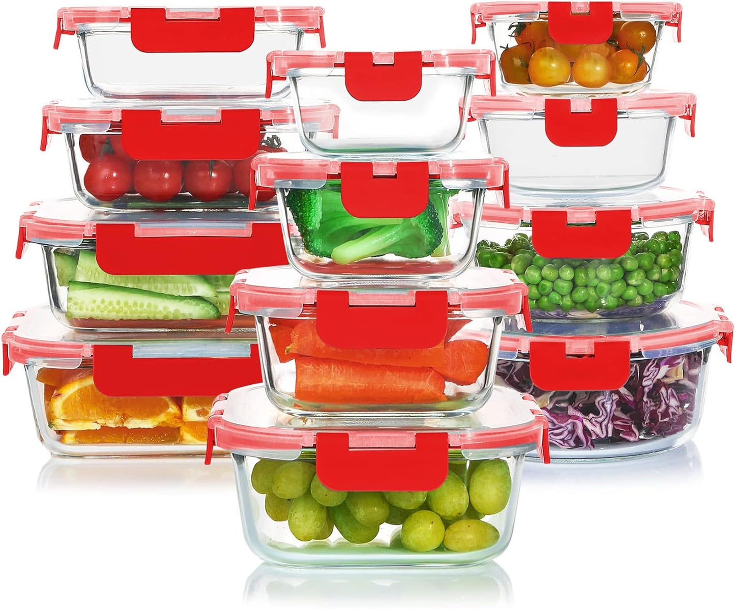 KOMUEE 24 Pieces Glass Food Storage Containers Set, Meal Prep Containers-Stackable Airtight Glass Storage Containers with lids,Freezer, Microwave, Oven Safe,Green