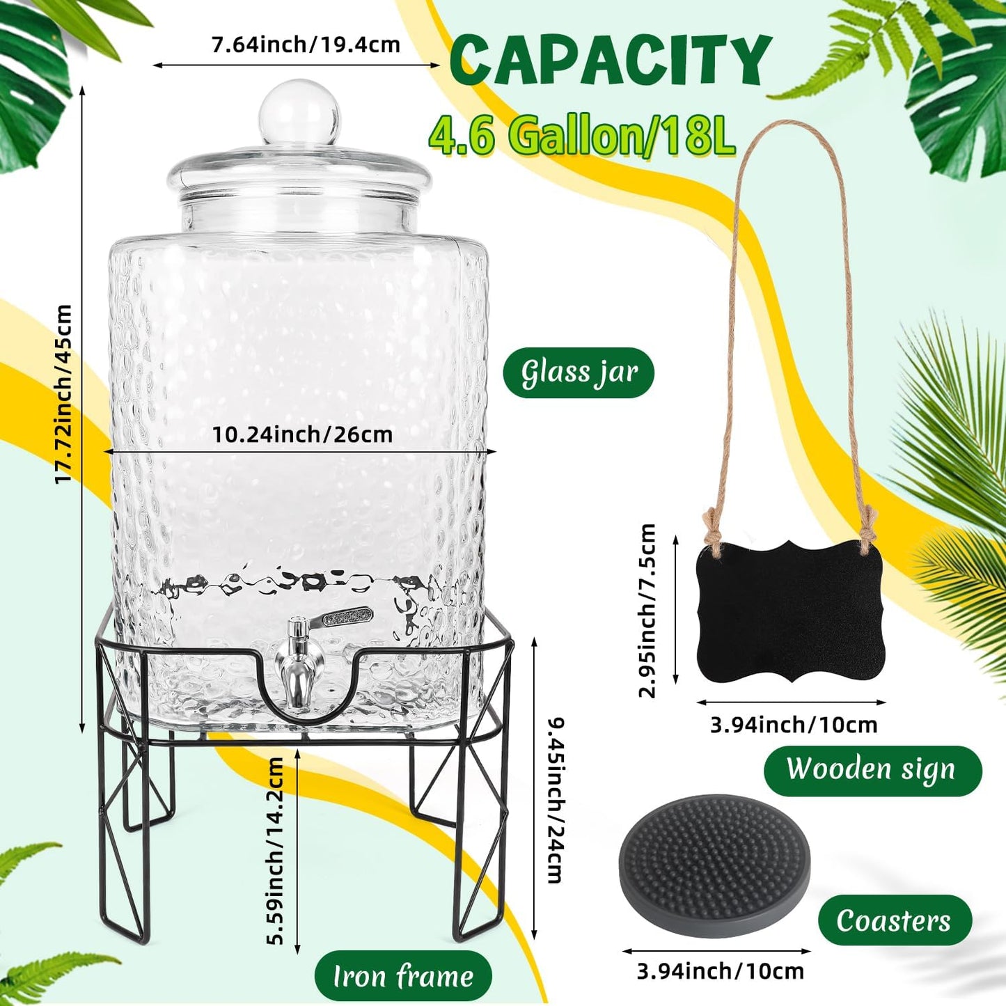 4.6 Gallon Glass Beverage Dispenser with Stand Beverage Dispensers with Stanless Steel Spigot Hanging Chalkboard Signs Drip Trays Drink Juice Dispenser with Lids for Party Wedding Kitchen