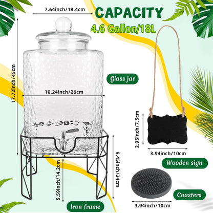4.6 Gallon Glass Beverage Dispenser with Stand Beverage Dispensers with Stanless Steel Spigot Hanging Chalkboard Signs Drip Trays Drink Juice Dispenser with Lids for Party Wedding Kitchen