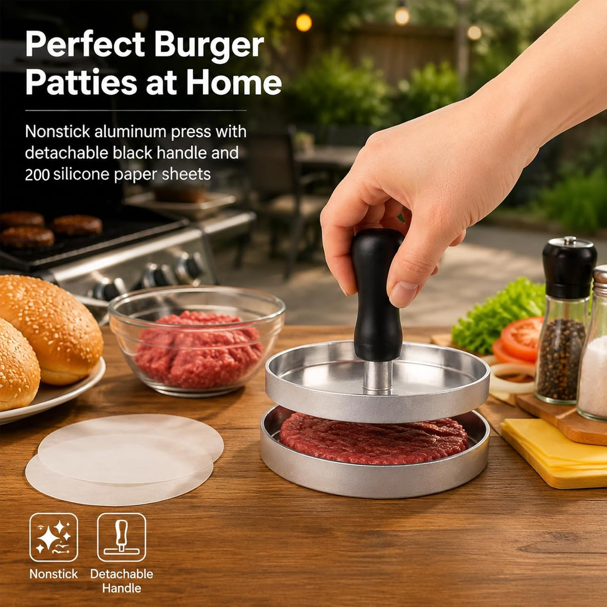 Burger Press 200 Patty Papers Set, 4.7'' Non-Stick Hamburger Maker for BBQ