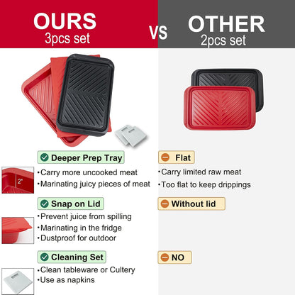 ECOIOU Grilling Prep and Serving Tray with Lid Set and Large Grilling Prep Trays, Black and Red