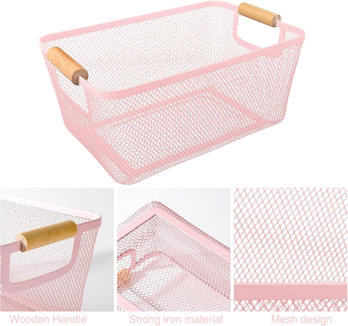 AJIODA Metal Mesh Steel Basket, Large Wire Storage Organizer Basket Multi-function Hanging Kitchen Baskets with Wood Handle for Kitchen Bathroom Picnic Home, Rectangle-Off White