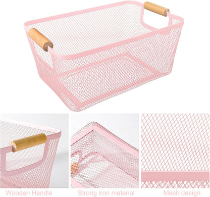 AJIODA Metal Mesh Steel Basket, Large Wire Storage Organizer Basket Multi-function Hanging Kitchen Baskets with Wood Handle for Kitchen Bathroom Picnic Home, Rectangle-Off White