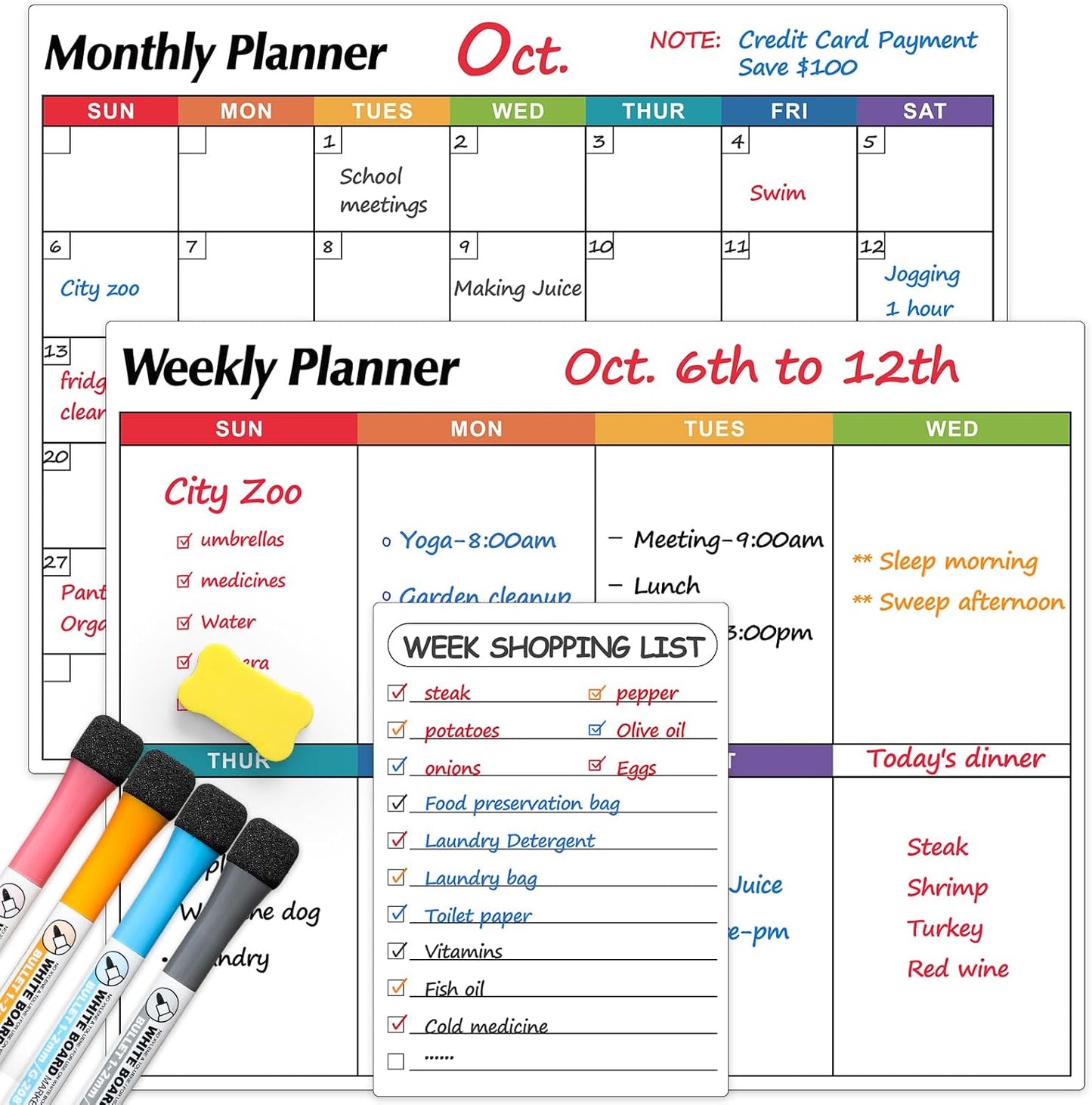 Dry Erase Magnetic Calendar for Refrigerator, 3 Pack- Monthly & Weekly & Daily Planner Magnet Whiteboard for Fridge Wall Door - Shopping, Meal/Menu, to Do List, Family Schedule Planning Board (C)