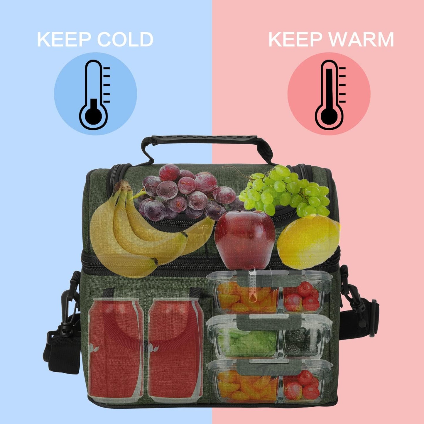 Tirrinia Reusable Lunch Box for Men Women, Insulated Lunch Bag Adult Work, Double Decker Leakproof Lunchbox for Office Picnic Beach—Dual Compartment Lunch Cooler Bag