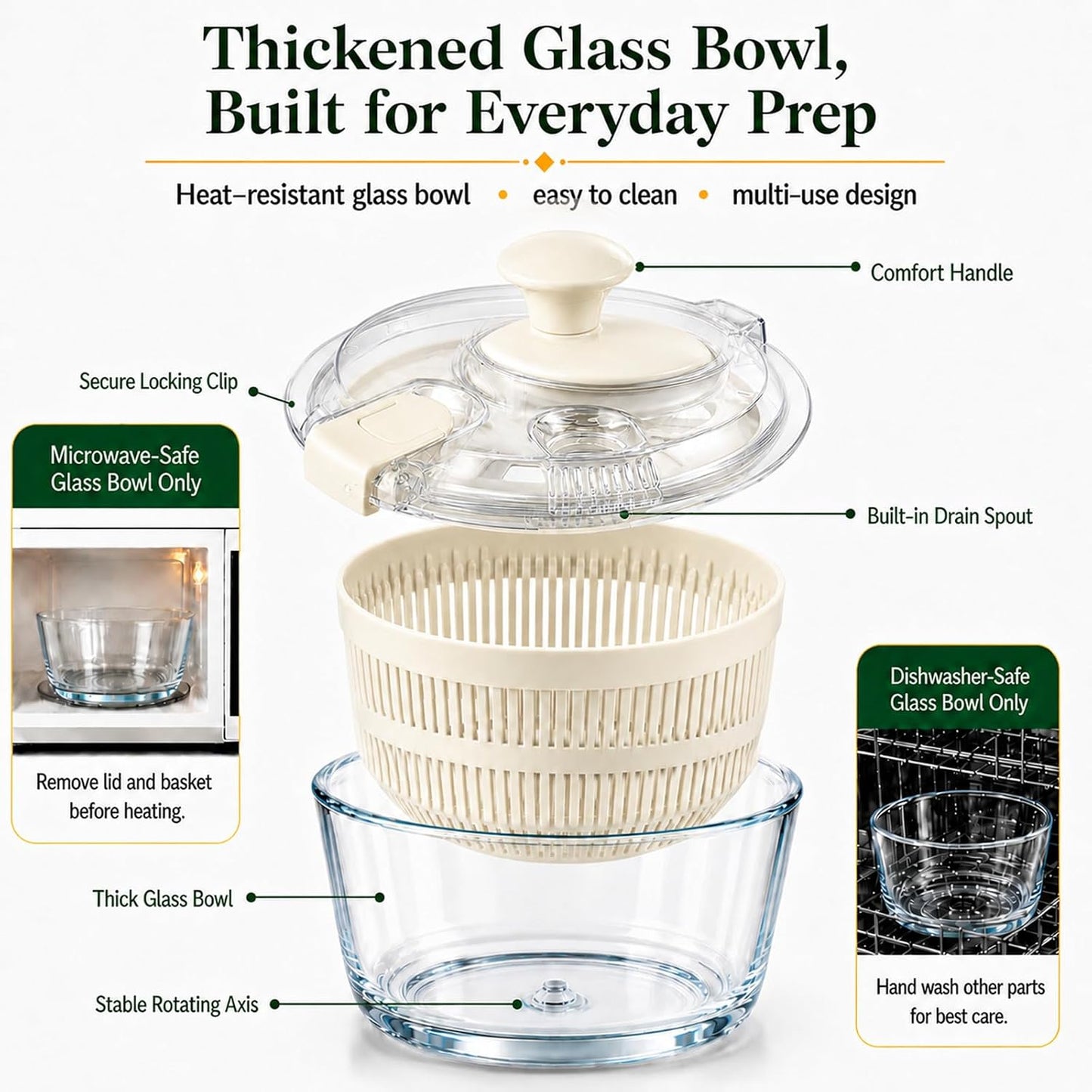 Glass Salad Spinner 3.2 Qt, Small Salad Spinner with Glass Bowl Removable Lid for Easy Cleaning Dishwasher Safe Glass Bowl Vegetable and Fruit Washer Dryer with Drain Spout Crank Handle White