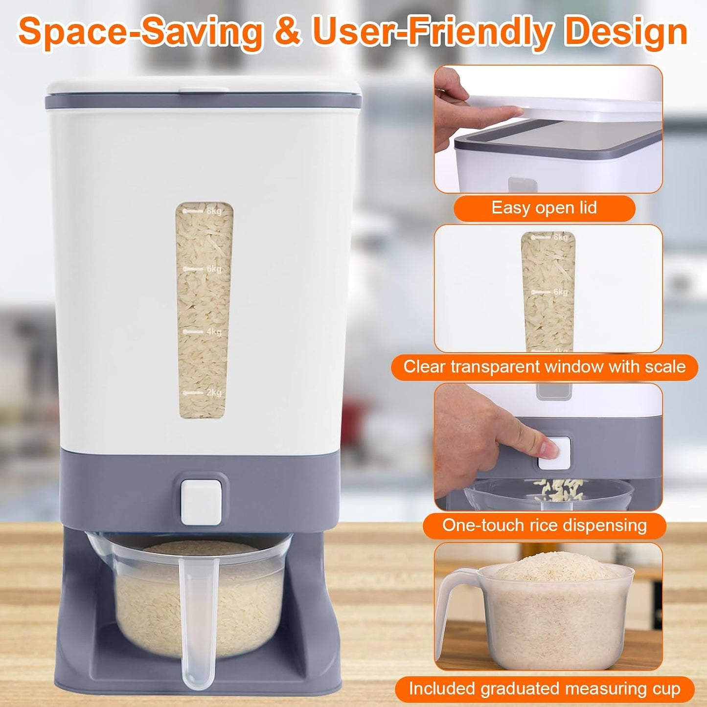 Mity rain Rice Dispenser 20 Lbs with Moisture Absorbing Clay, Rice Storage Container with Measuring Cup, 12 L Cereal Containers Storage Airtight for Kitchen Pantry Organization