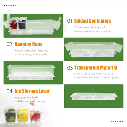 IVYHOME Chilled Condiment Server, Taco Bar Serving Set, Mimosa Bar Supplies, with 5 Lidded Containers and Detachable Ice Storage Layer, 2 Hanging Cups for Storing Tong or Forks