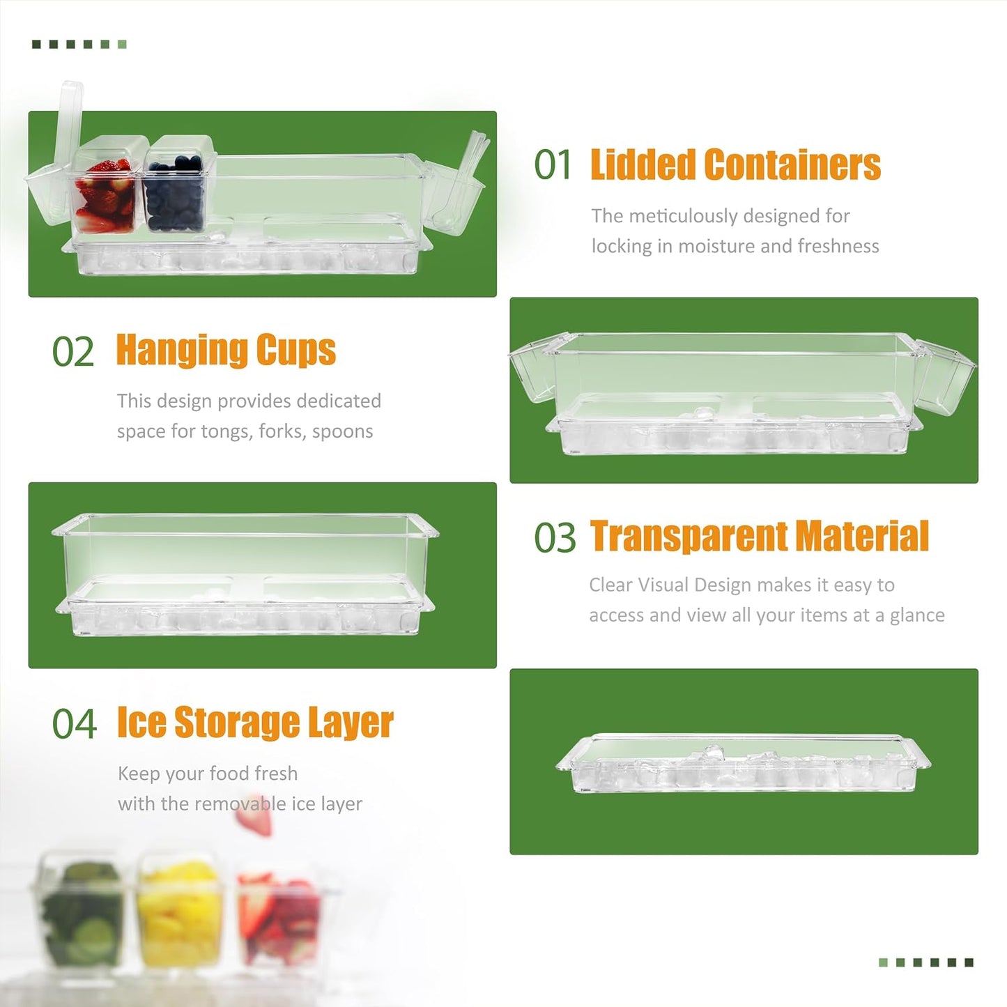 IVYHOME Chilled Condiment Server, Fruit Ice Serving Platter for Parties, Condiment Pots, Taco Bar Serving Set, Chilled Food Containers (Octagonal)