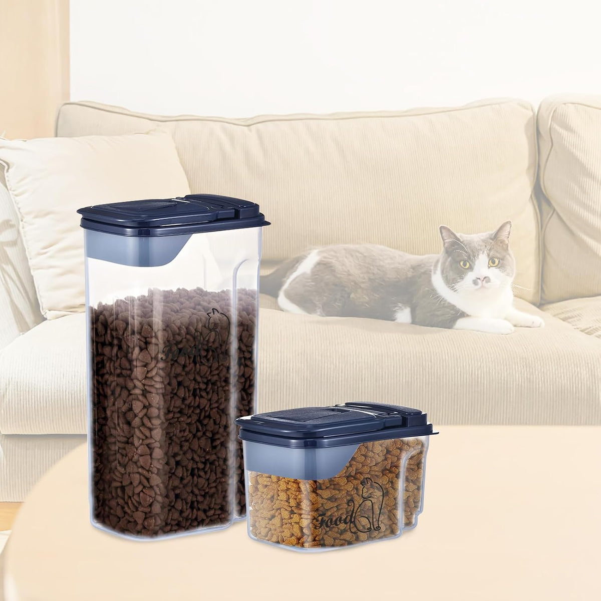 Cat Food Storage Container Combo (4.2QT and 1.6QT),2 Pcs Airtight Pet Food Containers with Pour Spout,Cat Treat Bin with Measuring Cup,Travel Cat Dog Food Container,BPA Free,Easy Grip
