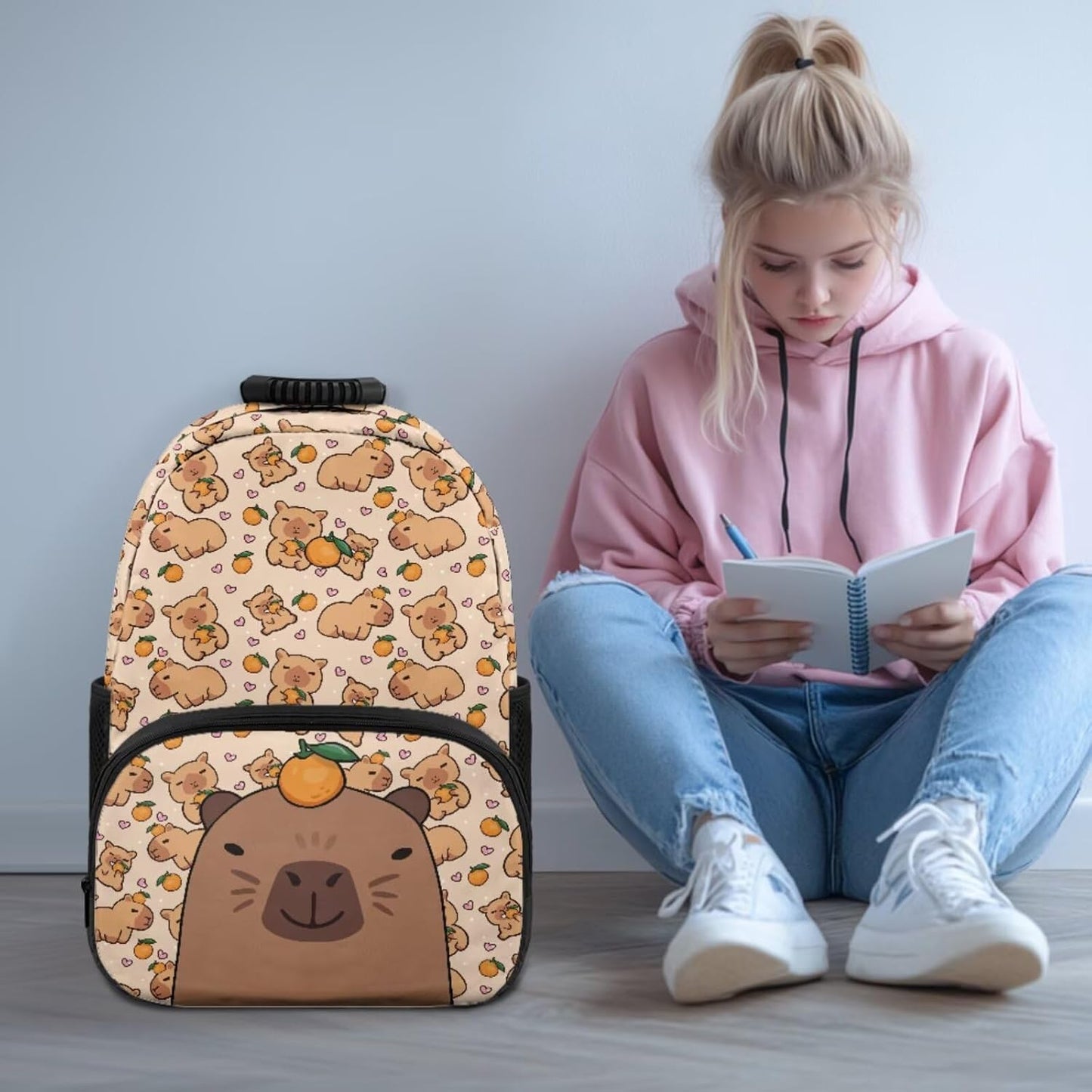 Cute Capybara Pizza Backpack for Girls, 5 Pcs Boys School Bag Set for Kids, 17 Inch Backpacks Lunch Pencil Box Reusable Utensils Case Set for Middle Elementary School, 3rd Grade Backpack