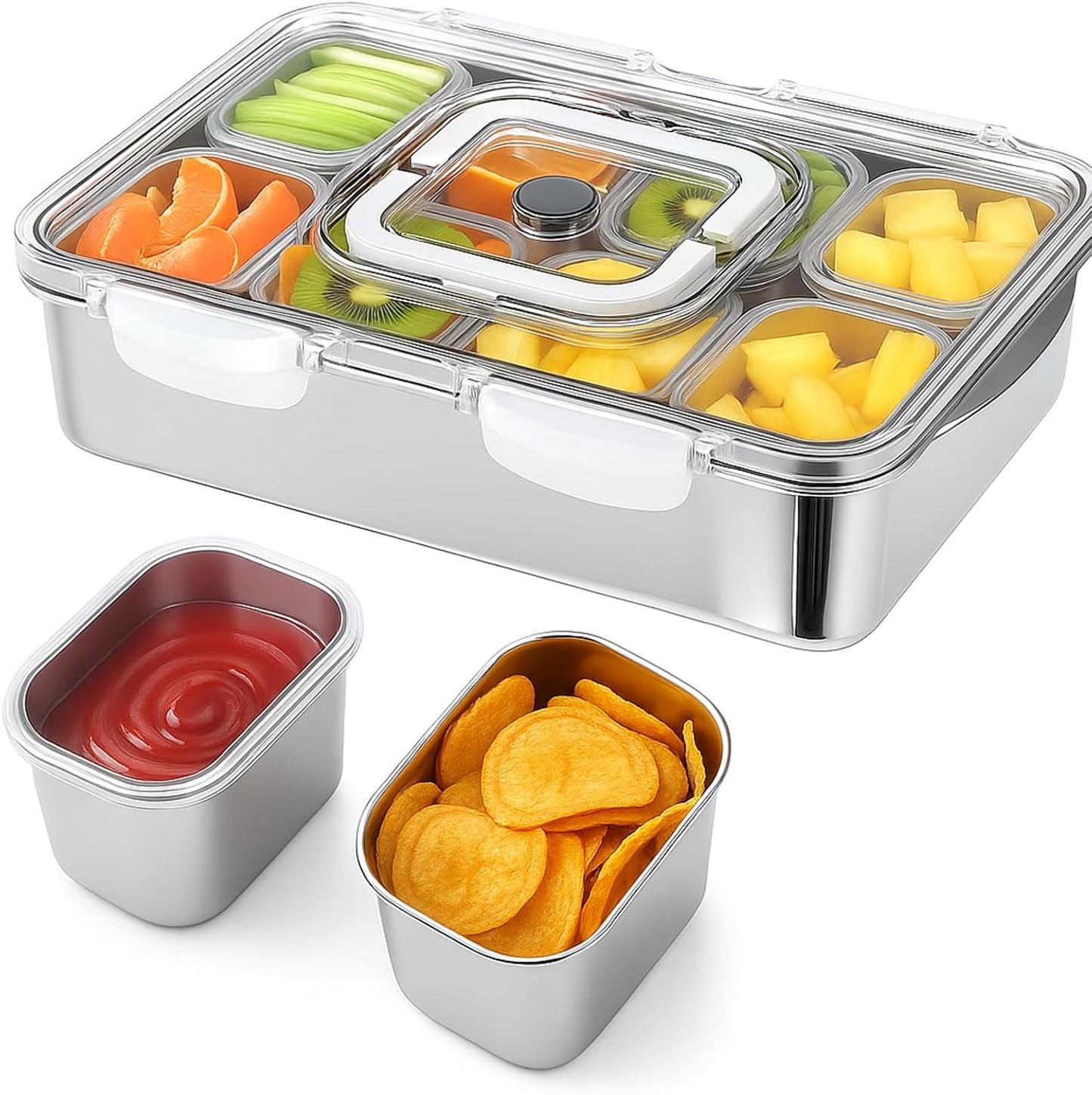 SiliFine Stainless Steel Snackle Box Container, 8 Compartment Divided Serving Tray with Lid and Handle, Portable Snack Platters Storage Organizer for Fruit Candy Nuts Veggie Travel Party Picnic