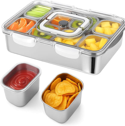 SiliFine Stainless Steel Snackle Box Container, 8 Compartment Divided Serving Tray with Lid and Handle, Portable Snack Platters Storage Organizer for Fruit Candy Nuts Veggie Travel Party Picnic