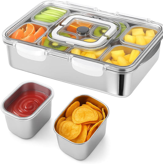 SiliFine Stainless Steel Snackle Box Container, 8 Compartment Divided Serving Tray with Lid and Handle, Portable Snack Platters Storage Organizer for Fruit Candy Nuts Veggie Travel Party Picnic