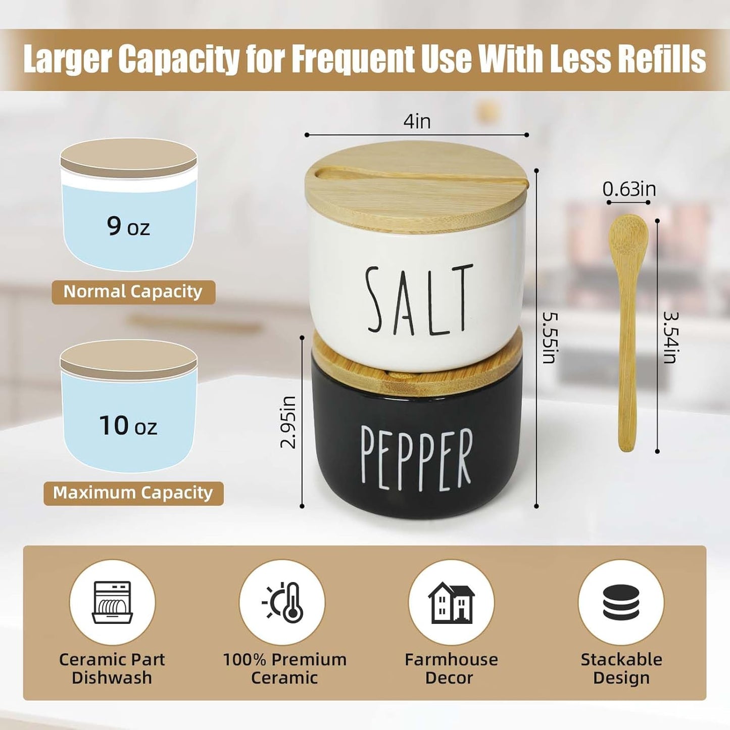 Farmhouse Salt And Pepper Containers,Salt Containers For Countertop,Stacked Ceramic Cellar With Bamboo Lid, Spice Box With Spoon,Seasoning Holder with lid,Ceramic Bowls (B&W H)