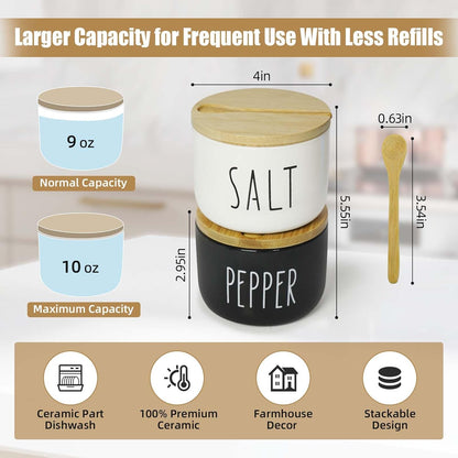 Farmhouse Salt And Pepper Containers,Salt Containers For Countertop,Stacked Ceramic Cellar With Bamboo Lid, Spice Box With Spoon,Seasoning Holder with lid,Ceramic Bowls (B&W H)