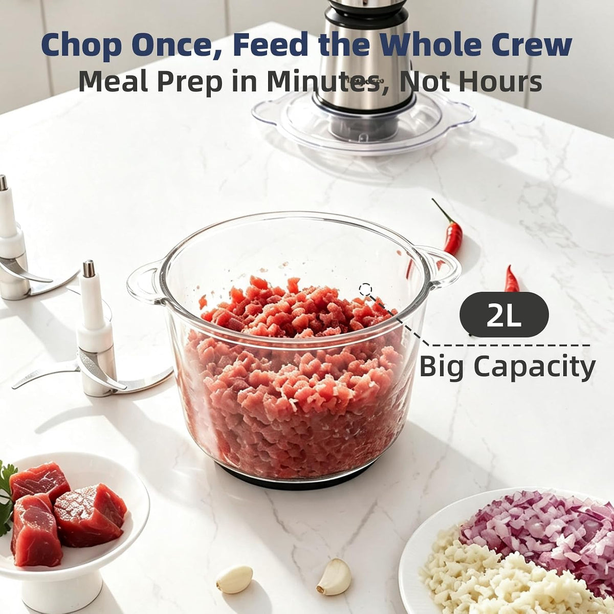 600W Food Chopper 8 Cup Glass Food Processor Meat Grinder