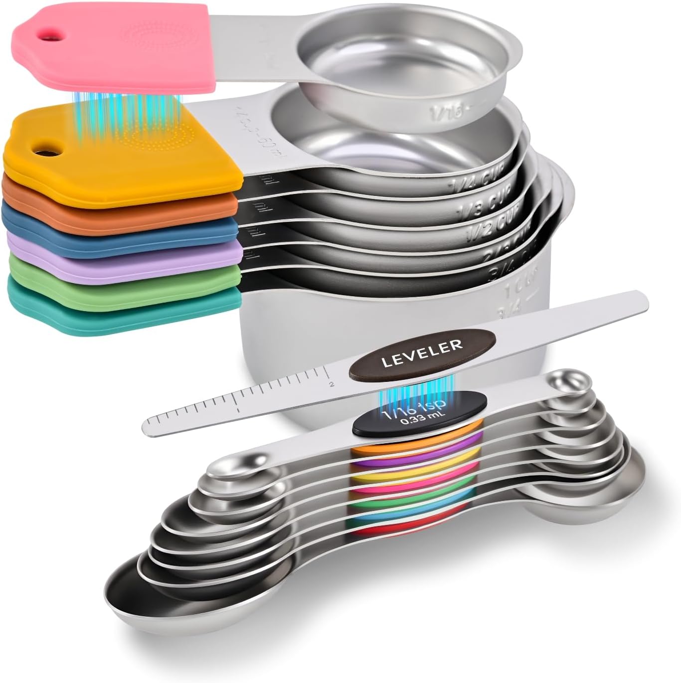 EDELIN Magnetic Measuring Cups and Spoons Set, Stainless Steel 7 cup and 7 spoon with 1 Leveler, 18/8 304 stainless steel (Black 15 sets)