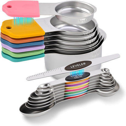 EDELIN Magnetic Measuring Cups and Spoons Set, Stainless Steel 7 cup and 7 spoon with 1 Leveler, 18/8 304 stainless steel (Black 15 sets)