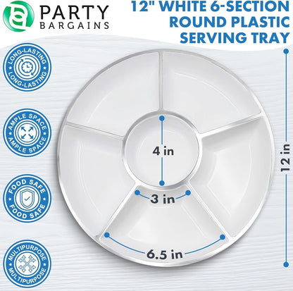 PARTY BARGAINS 12" Round Plastic Serving Tray, 6-Sections, Clear, Pack of 1