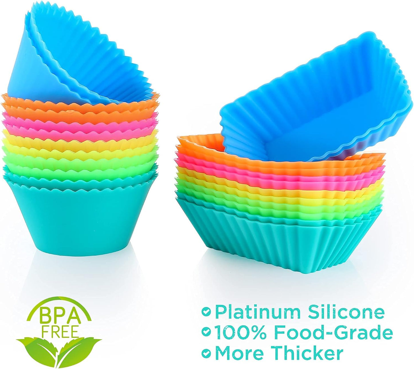IPOW 24 Pack Silicone Cupcake Baking Cups Reusable Food-Grade BPA Free Non-Stick Muffin Liners Molds Sets, 2 Shapes Round Rectangle