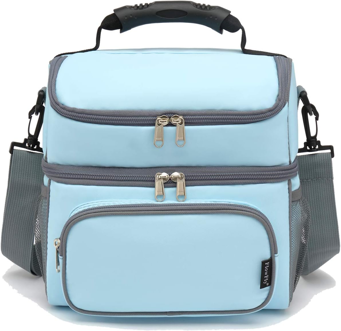 FlowFly Double Layer Cooler Insulated Lunch Bag Adult Lunch Box Large Tote Bag for Men, Women, With Adjustable Strap,Front Pocket and Dual Large Mesh Side Pockets