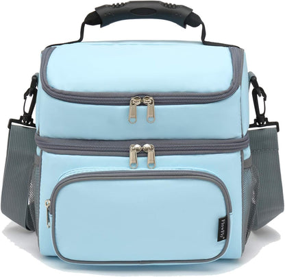 FlowFly Double Layer Cooler Insulated Lunch Bag Adult Lunch Box Large Tote Bag for Men, Women, With Adjustable Strap,Front Pocket and Dual Large Mesh Side Pockets