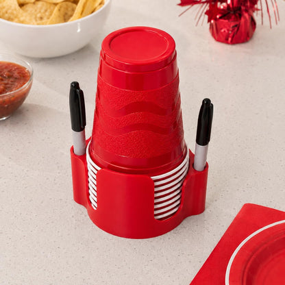 Party Cup Dispenser with Marker Holder – Stackable Plastic Cup Organizer for Parties, Events, BBQs, Picnics, Graduations & Drink Stations, Cup and Marker Caddy, Black (Red)