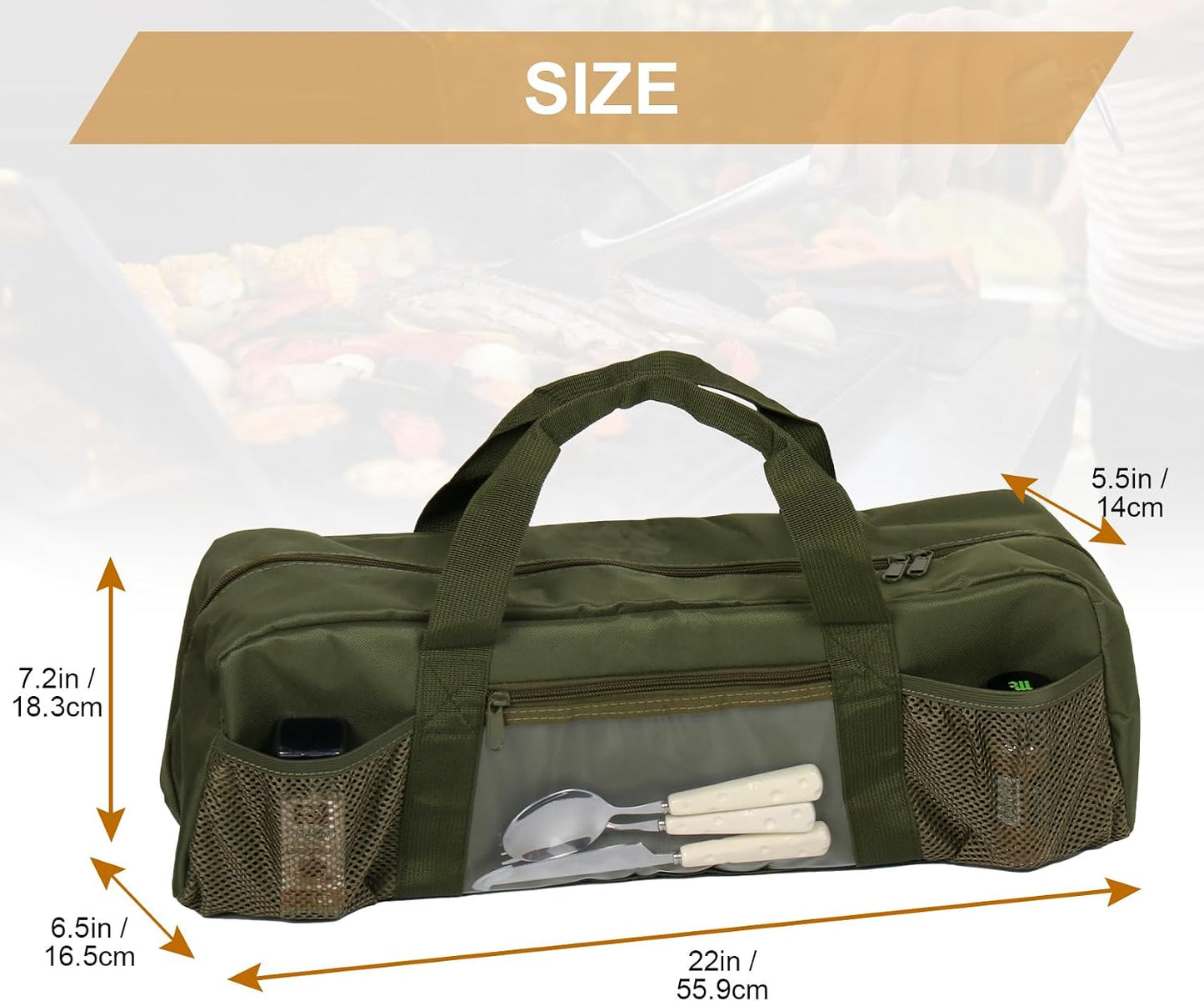 Grill Tools Storage Bag, BBQ Utensil Holder with Pockets, Grill Storage Container for Outdoor Camping & Hiking BBQ, for Barbecue Tool up to 22", Gift for Men, Green