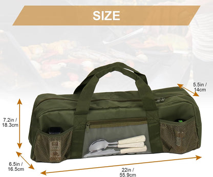 Grill Tools Storage Bag, BBQ Utensil Holder with Pockets, Grill Storage Container for Outdoor Camping & Hiking BBQ, for Barbecue Tool up to 22", Gift for Men, Green