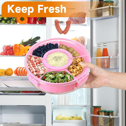 Small Divided Rotating Serving Tray with Lid and Handle,Portable Snackle Box Container,Spinner Organizer and Storage for Adults,Child,Fruits,Candy,Nuts,Veggie,Charcuterie,Snacks,Picnic,Travel, Party