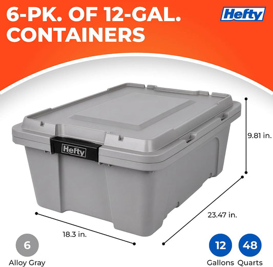 Hefty MAX Pro 12 Gallon Storage Bins with Latching Lids, Heavy Duty Stackable Plastic Storage Containers for Garage, Basement & Outdoor Use, Utility Storage Tote, 6 Pack, Gray