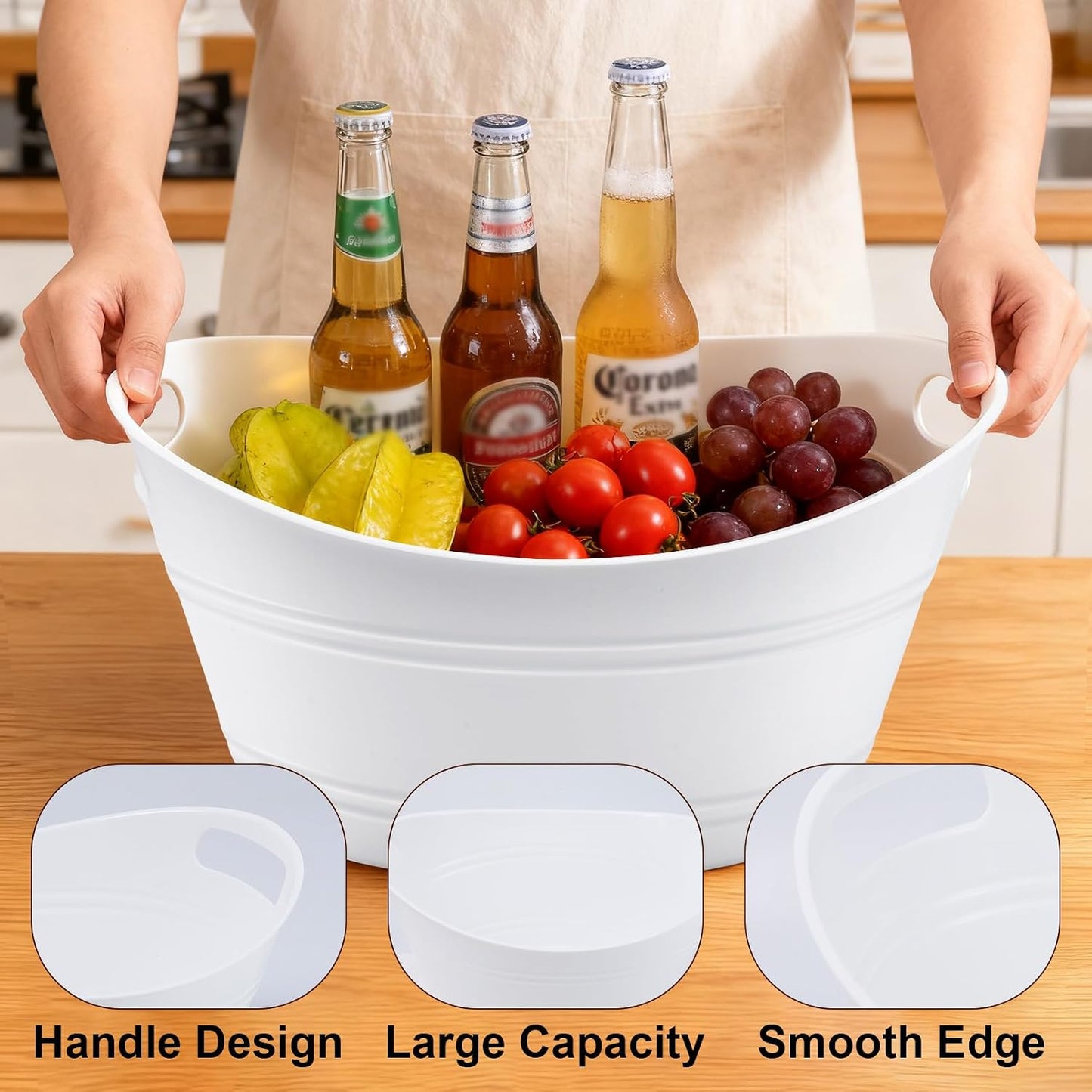 6 Pack Ice Buckets, Oval Storage Tub with Handles, Plastic Ice Drink Bucket for Parties, 4.5 Liter Beverage Storage Basket for Bar Champagne Wine Beer Beverage Bottle Cooler, White
