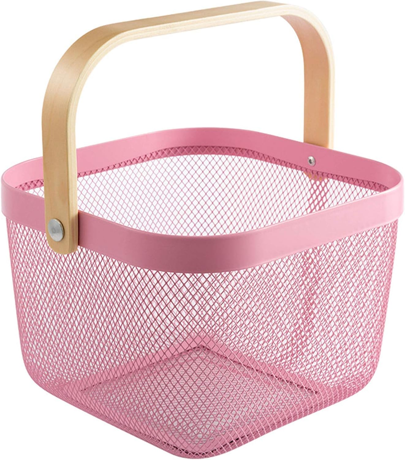 AJIODA Metal Mesh Steel Basket, Storage Organizer Basket Multi-functional Hanging Kitchen Baskets Fruit Basket Bin with Bamboo Handle for Kitchen Bathroom Picnic Shopping Decor Cabinet Home, Blue