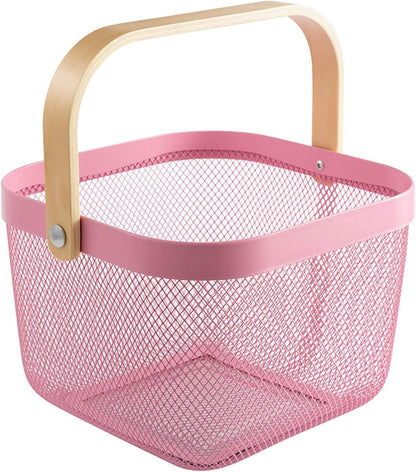 AJIODA Metal Mesh Steel Basket, Storage Organizer Basket Multi-functional Hanging Kitchen Baskets Fruit Basket Bin with Bamboo Handle for Kitchen Bathroom Picnic Shopping Decor Cabinet Home, Blue