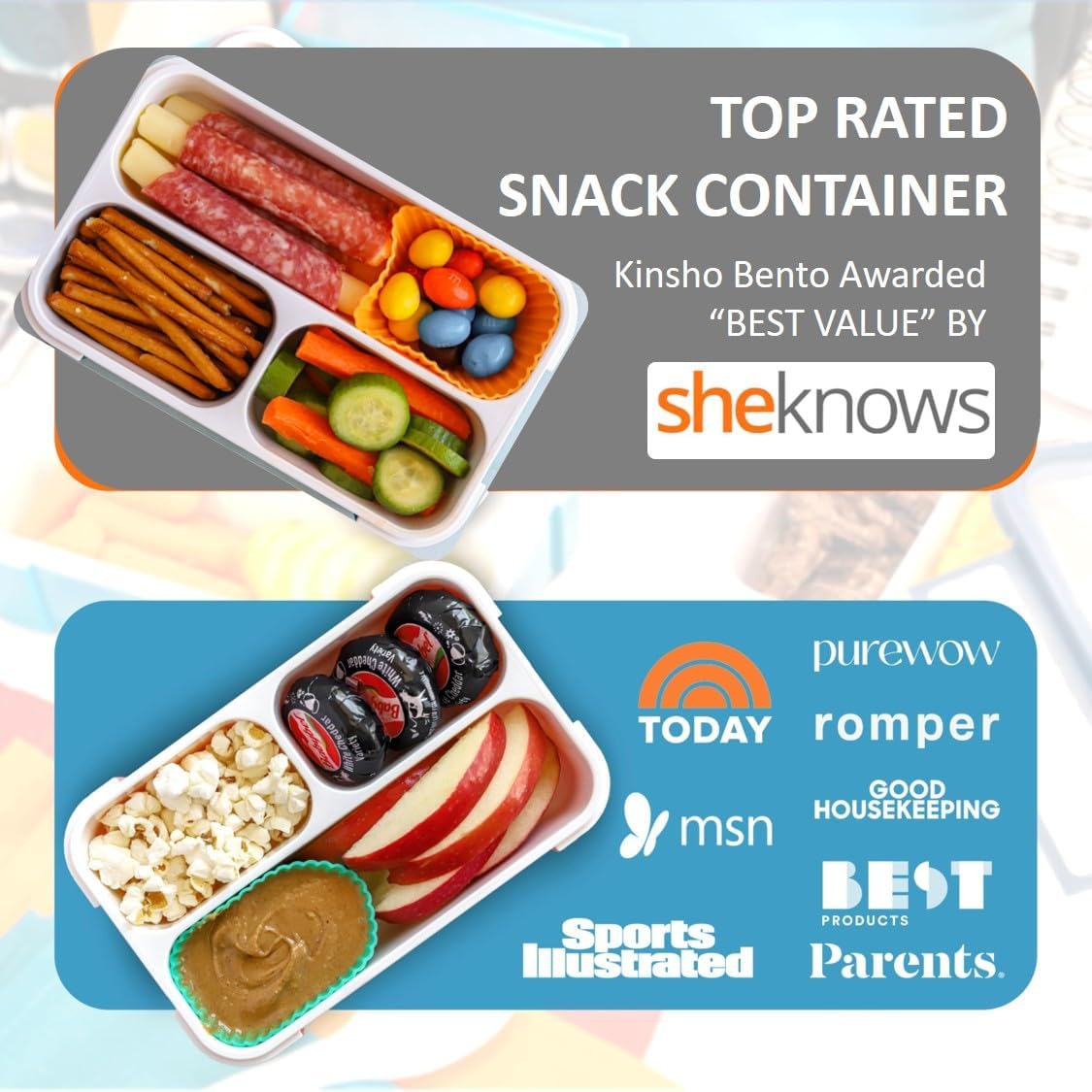 Small Snack Containers for Kids Toddlers - 3 Compartments (Set of 2) - Leak-Proof Reusable Boxes with Lids - BPA-Free Plastic Mini Bento Lunch Box - Holds 2 Cups Capacity (Pastel Blue+Teal Sparkle)