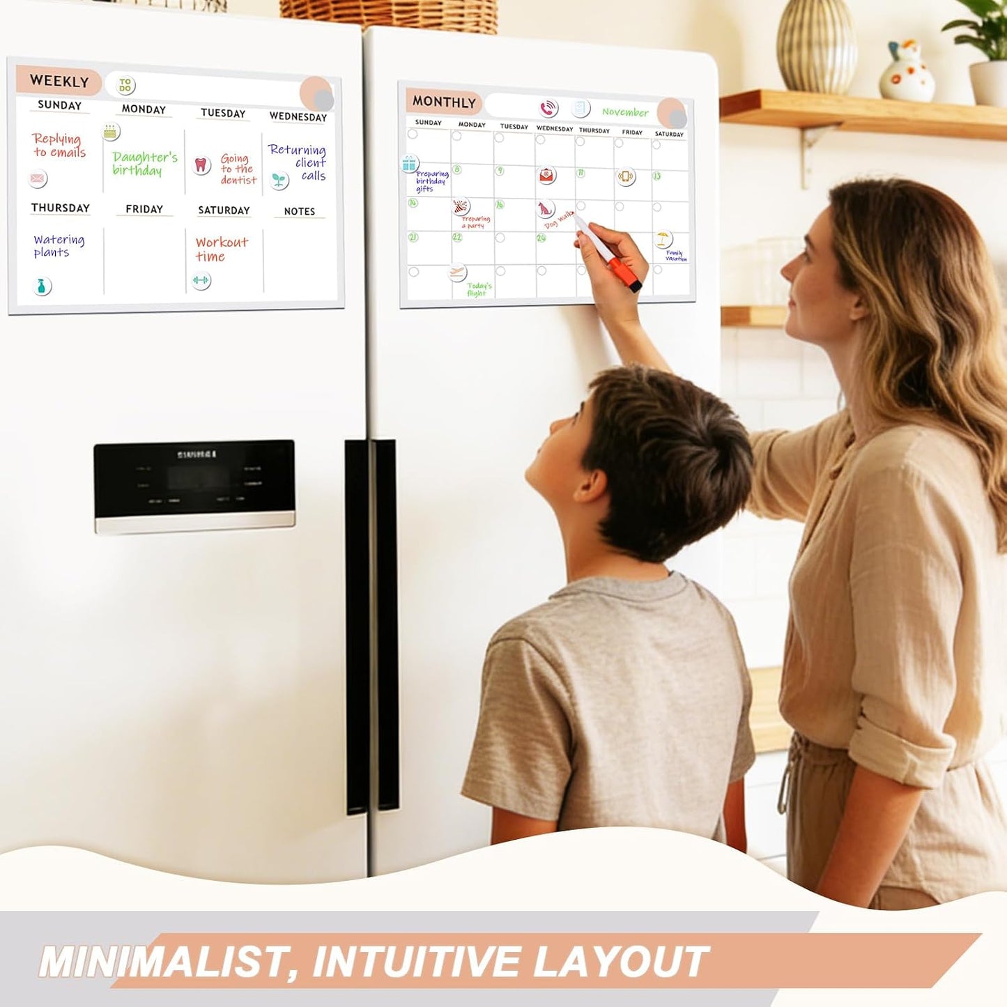 ARVOK 2 Pack A3 Magnetic Calendar for Refrigerator - 16.5"x11.6" Reusable Weekly & Monthly Planner Dry Erase Fridge Calendar Whiteboard with 4 Markers, 16 Magnets & Eraser for Family Schedule, Meal Menu, To-Do List