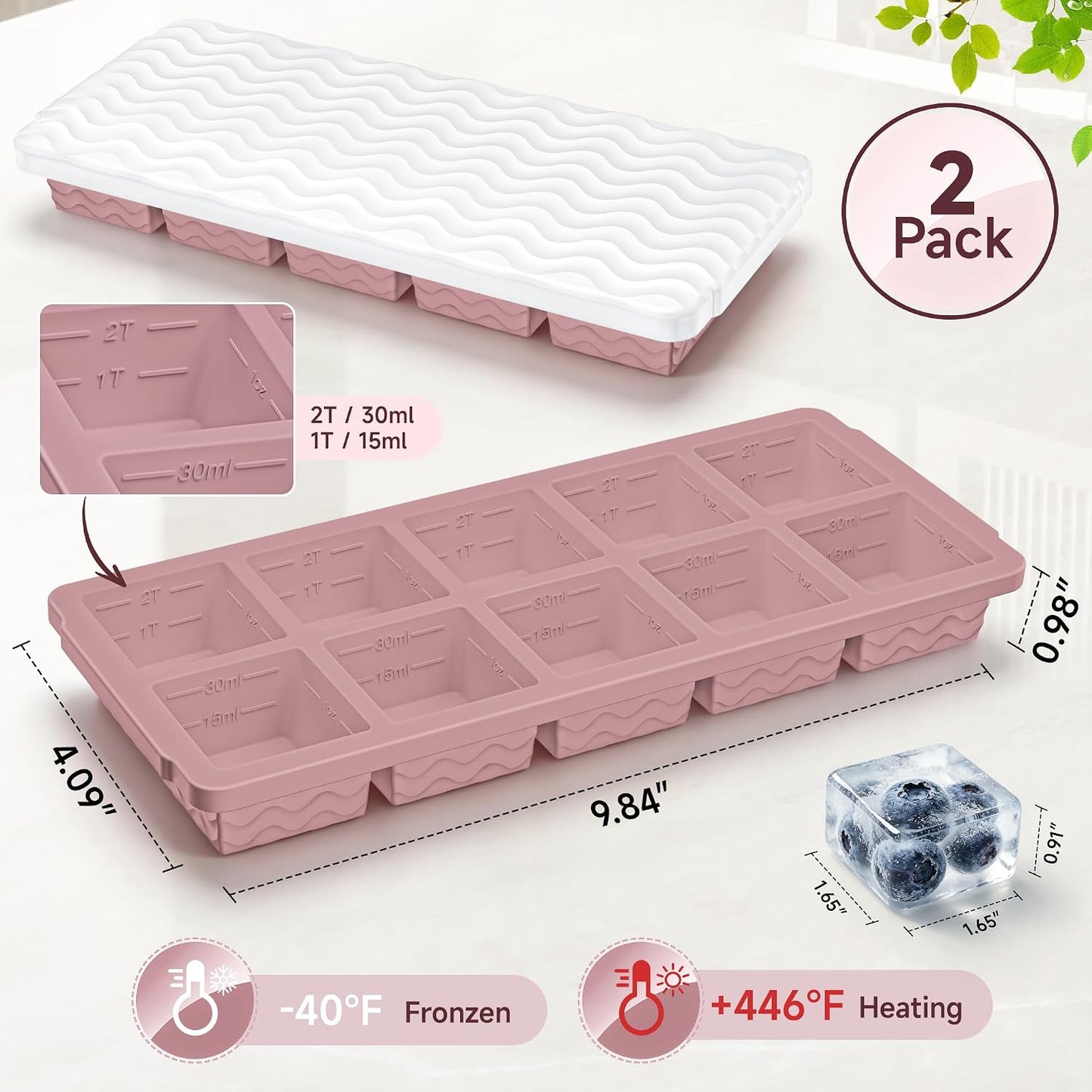Silicone Freezer Trays with Lid for Soup, 1-Cup & 2-Cup Large Ice Cube Molds Food Storage Containers for Meal Prep, Freeze 500mL/250mL/125mL Portions – 2 Pack