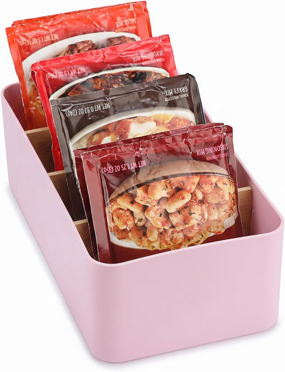 BSTKEY Seasoning Packet Organizer, Food Storage Organizer with Divided 4 Bamboo Wood Compartments, Black Plastic Storage Caddy for Pantry Cabinet, Kitchen Organization Bin for Snacks Spice Packets