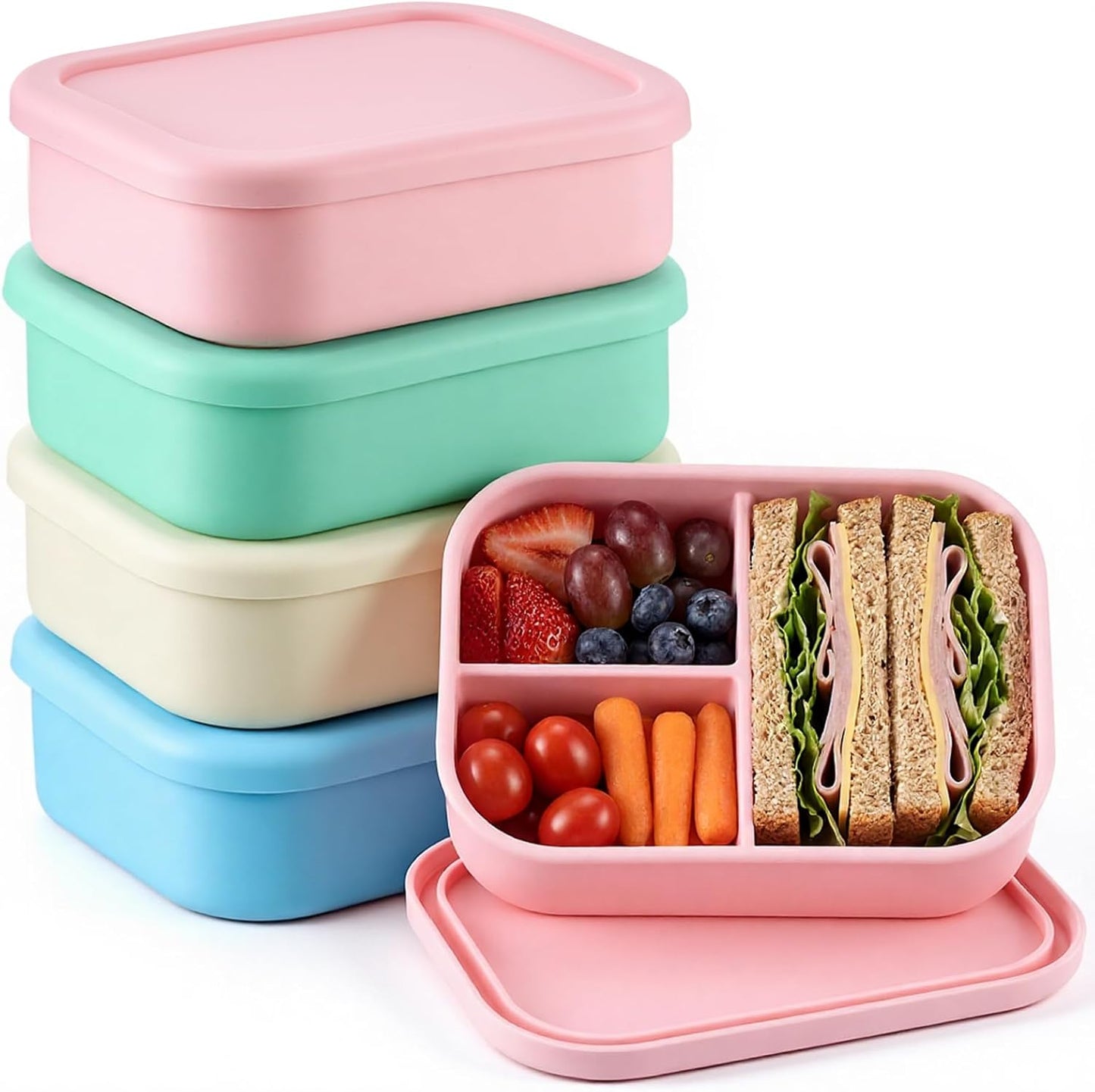 Layhit 4 Pcs Silicone Bento Box for Adults, 27 oz Bento Lunch Container Reusable 3 Compartment Lunchable Food Container for Women Men, Leak Proof Microwave Dishwasher Freezer Safe (Cool Colors)