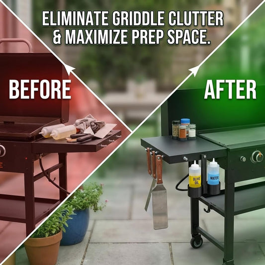 Oil and Water Bottle Caddy Compatible with Blackstone Griddle, Griddle Squeeze Bottle Holder Organizer, Griddle Side Shelf Bottle Rack for Outdoor Cooking Accessories