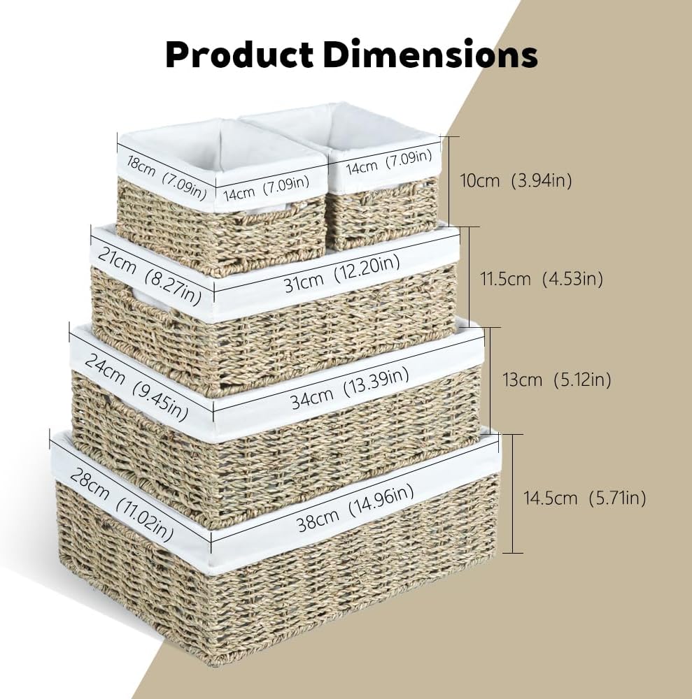 Water Hyacinth Shelf Baskets 4-Pack, Handwoven Wicker Bins with Removable Linen Liners – Divided Upper Compartment & Open Handles, Stackable for Pantry Bathroom Closet