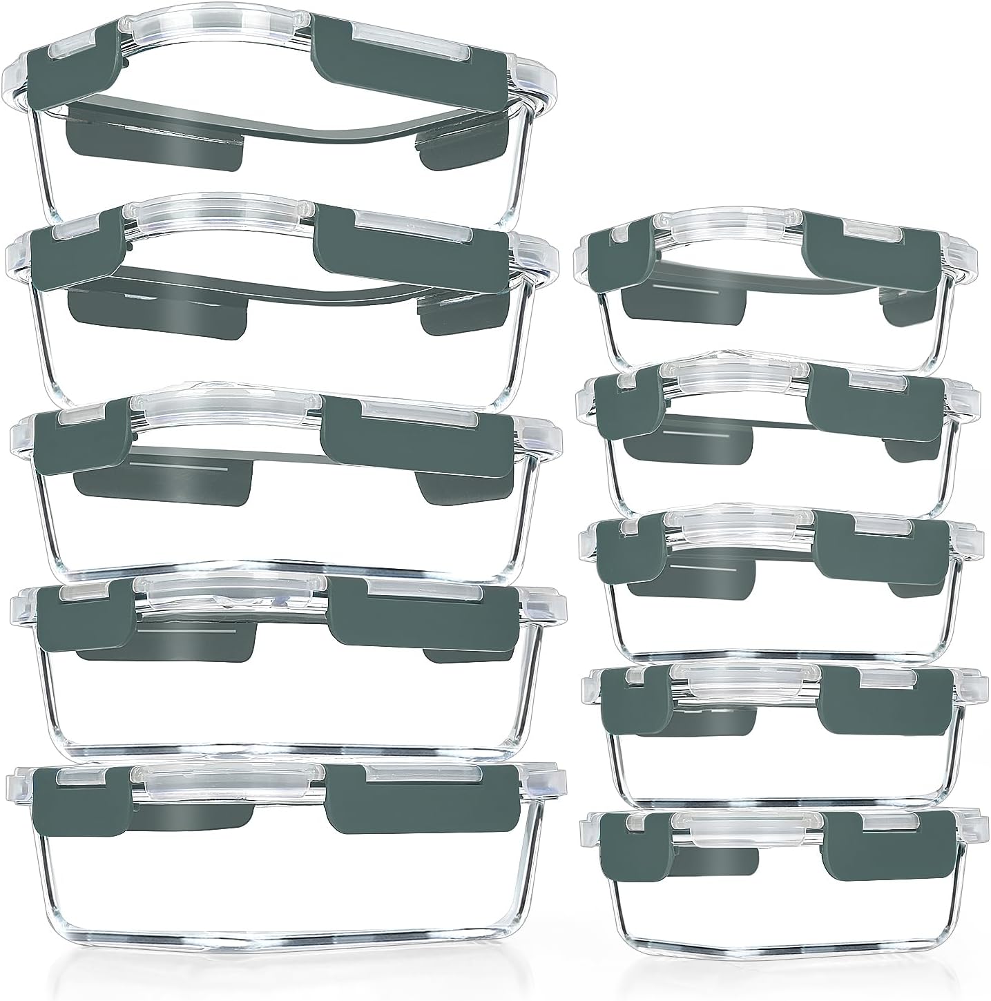 VERONES 10Pack Glass Meal Prep Containers, Airtight Glass Lunch Containers,Stackable Glass Food Storage Containers Set with Lids,Exclusive of BPA, for Microwave,Oven, Freezer&Dishwasher Friendly,Green