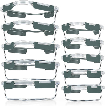 VERONES 10Pack Glass Meal Prep Containers, Airtight Glass Lunch Containers,Stackable Glass Food Storage Containers Set with Lids,Exclusive of BPA, for Microwave,Oven, Freezer&Dishwasher Friendly,Green