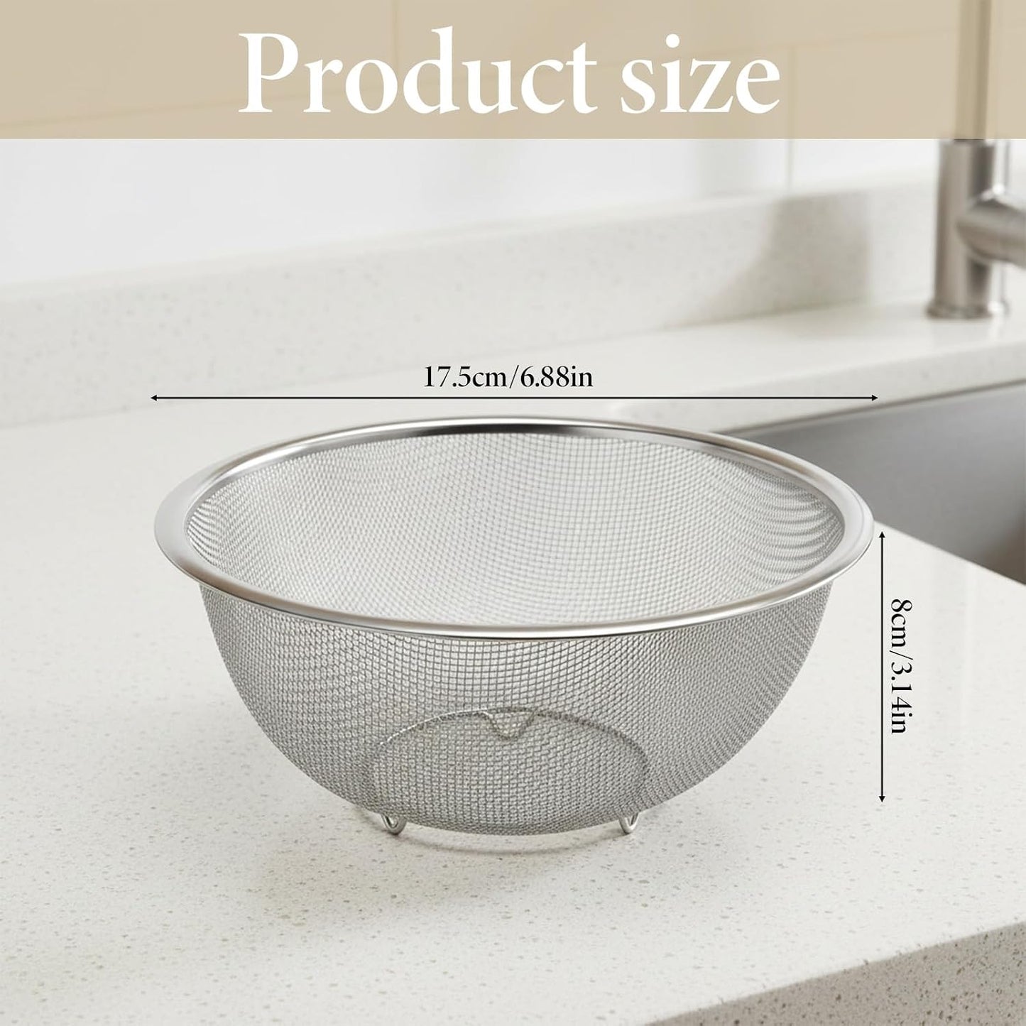 Stainless Steel Rice Washing Sieve Strainer Fine 7inch Washing Bowl Sieve Sifters Kitchen Mesh Net Basket Drainer for Pasta, Rice, Fruit,Vegetable,1PC