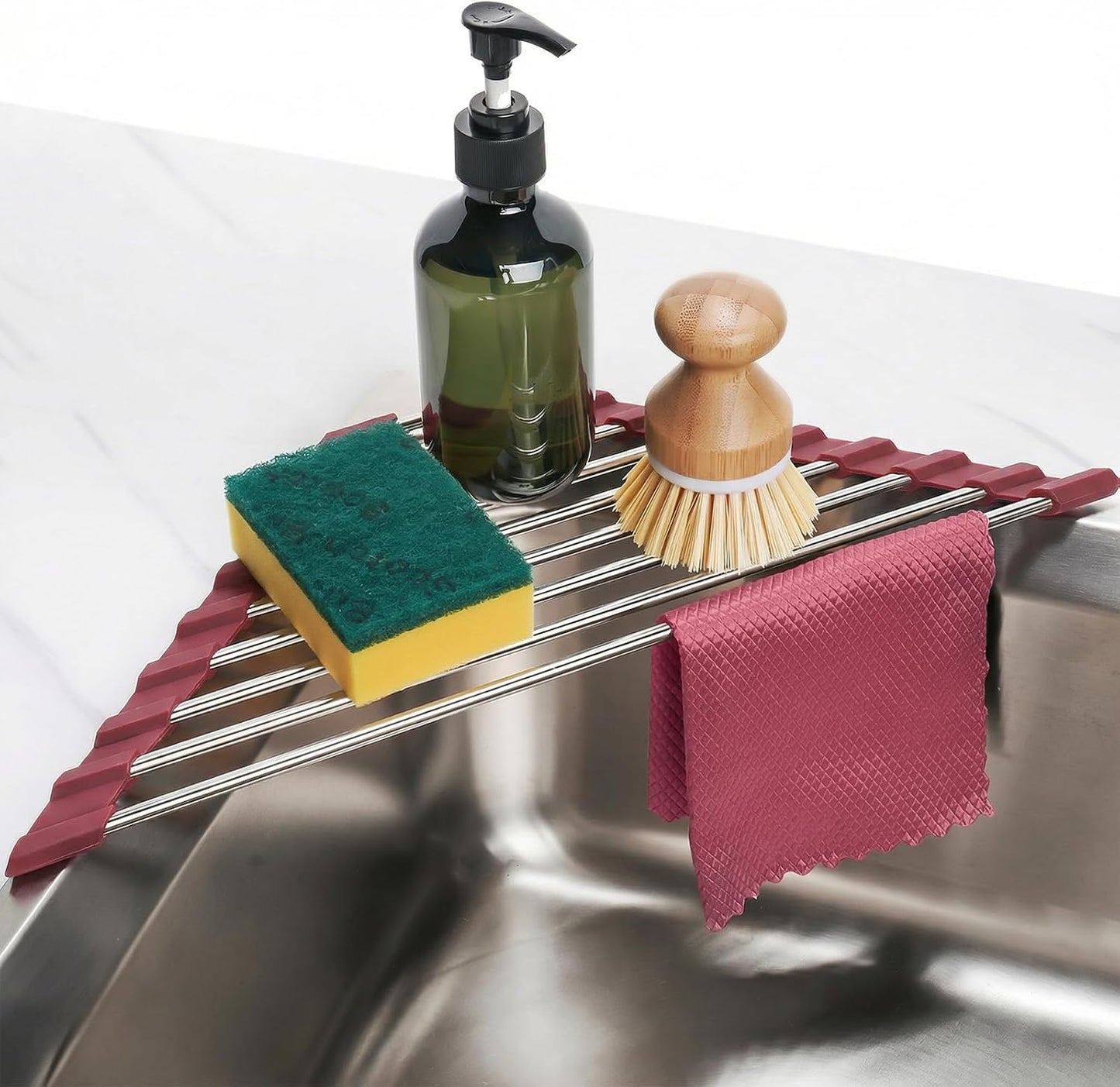Tomorotec Foldable Stainless Steel Triangle Roll-Up Dish Drying Rack for Small Sink Corners - Over-The-Sink Multipurpose Kitchen Drainer, Rustproof Organizer, Trivet and Shelf - Space-Saving (Black)