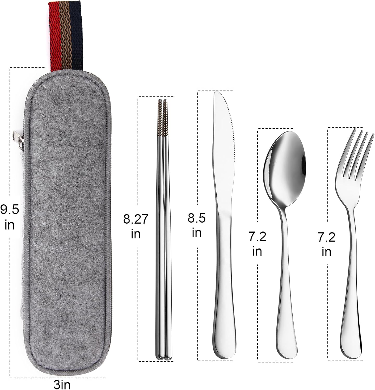 DEVICO Camping Utensils, Full-Size Reusable Silverware for Lunch Adult, Stainless Steel Travel Cutlery Set with Case, Portable Fork Spoon Knife Set for Work, Flatware with Chopsticks (Rainbow)