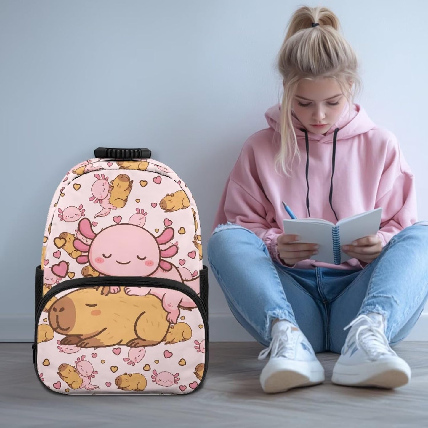 Cute Capybara Pizza Backpack for Girls, 5 Pcs Boys School Bag Set for Kids, 17 Inch Backpacks Lunch Pencil Box Reusable Utensils Case Set for Middle Elementary School, 3rd Grade Backpack