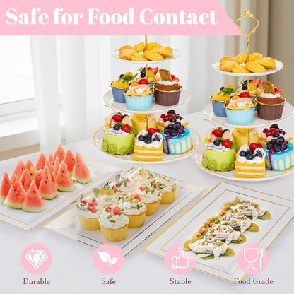 Supernal 10 Pack Dessert Table Display Set -4 Sets 3 Tier Cupcake Stand,6 Pcs Food Serving Trays,Elegant Tableware for Cupcakes and Snacks,Perfect for Tea Party Baby Shower Decorations(White and Gold)