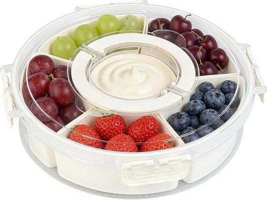 2 Packs Divided Serving Tray with Lid and Handle, Portable Round Snackle Box Container with 6 Compartments, Snack Bento Box for Party, Picnic, Travel, Beige